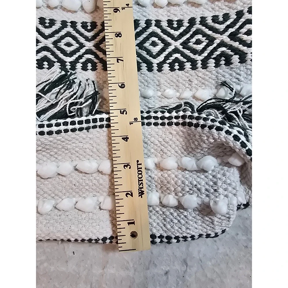 Raj XL Women Woven Cotton Boho Tote Bag Green White Geometric Fringe Pom Pom NEW